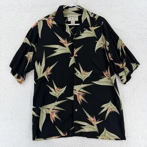 Bamboo Cay Shirt Mens Medium Black Rayon Hawaiian Floral Camp Button Front
